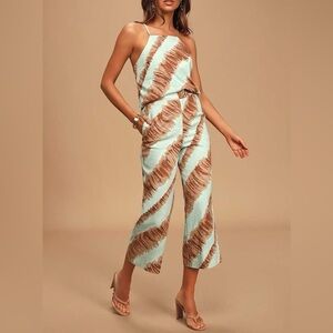 Anthropologie Aqua and Tan Brushstroke Sleeveless Jumpsuit